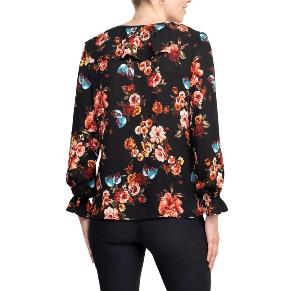 515.Counterparts Ruffled V-Neck Long Sleeve, Black Multi Print Crepe Top. Size L - Picture 2 of 4